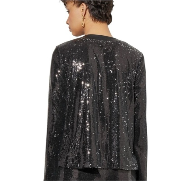 MING WANG Open Front Sequin Vegan Leather Jacket Black Size M NEW - Picture 3 of 12